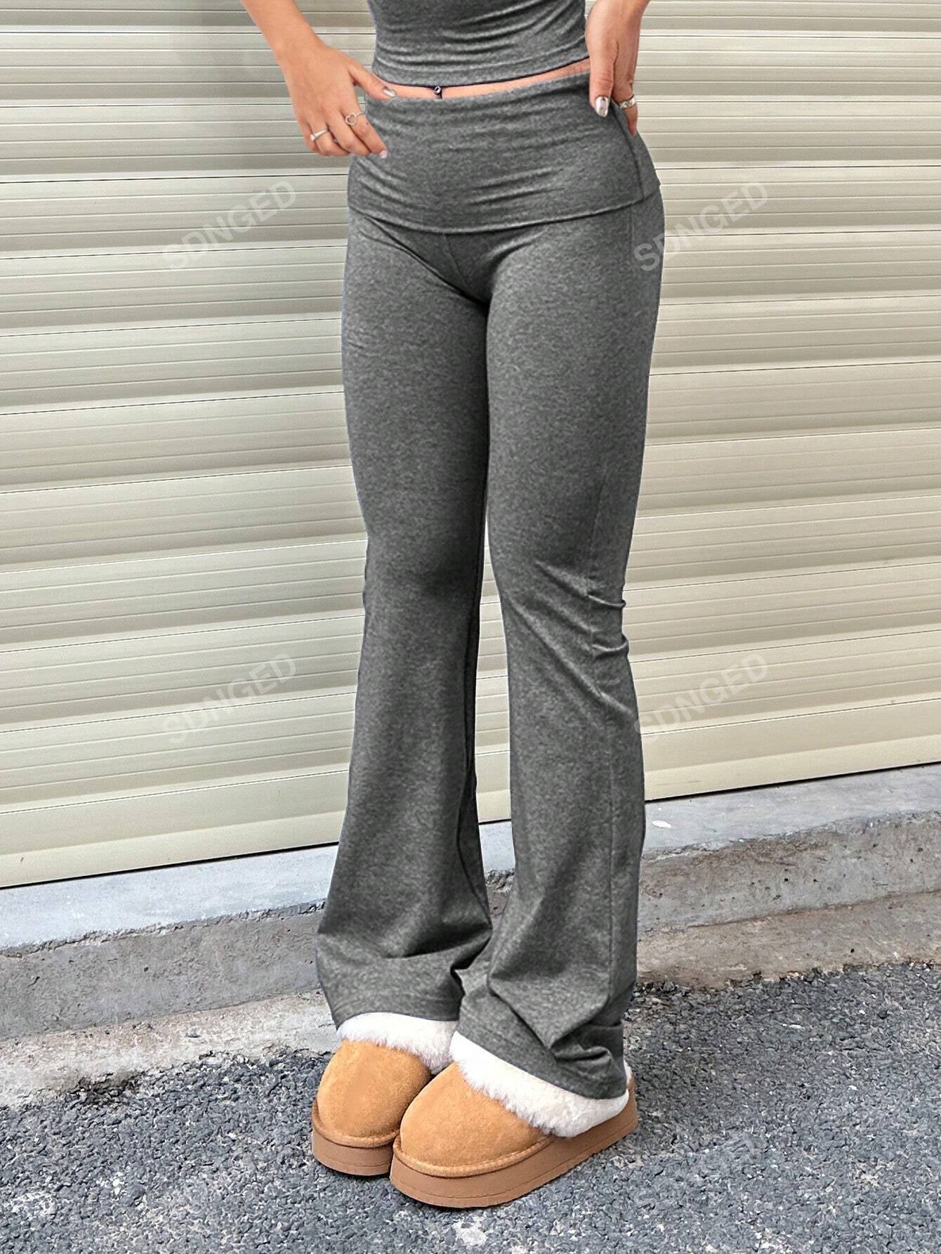 Women'S Casual Solid Color Wide-Waist Flare Pants, Leggings Fold-Over Waist High Waist Ruched Slim Fit Flare
