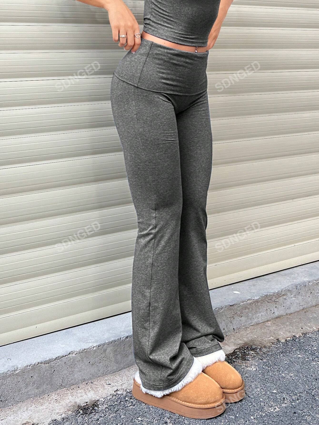 Women'S Casual Solid Color Wide-Waist Flare Pants, Leggings Fold-Over Waist High Waist Ruched Slim Fit Flare